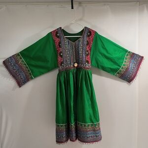 Women's Medium Green Afghan Long Sleeve Dress W/Pants & Scarf